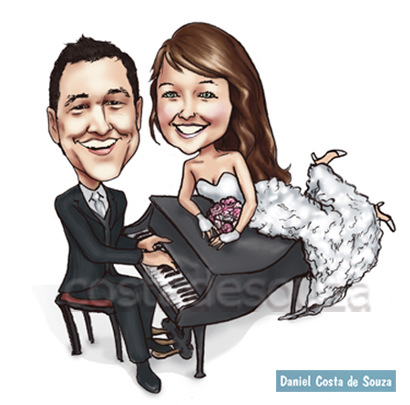 caricatura noivos piano pianista casamento