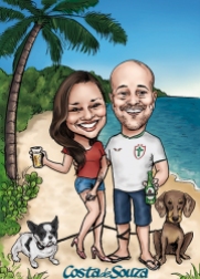 caricatura casal namoro praia cachorro