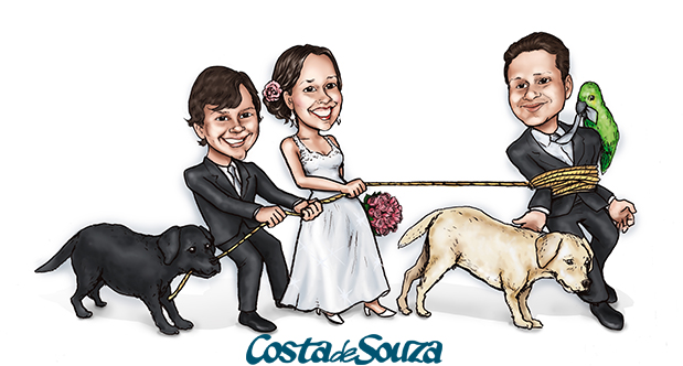 caricatura noivos casamento cachorro