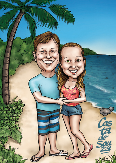 caricatura namorados casal praia