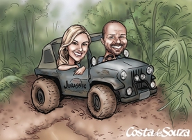 caricatura namorados trilha jeep