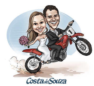 caricatura noivos moto casamento